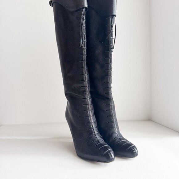 Grigiarancio Tall Lace up detail Leather Sexy Black Boots 38 - Picture 2 of 11